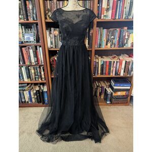 Hayley Paige Occasions Women's Size 4 Black Tulle Lace Maxi Dress Gown Prom